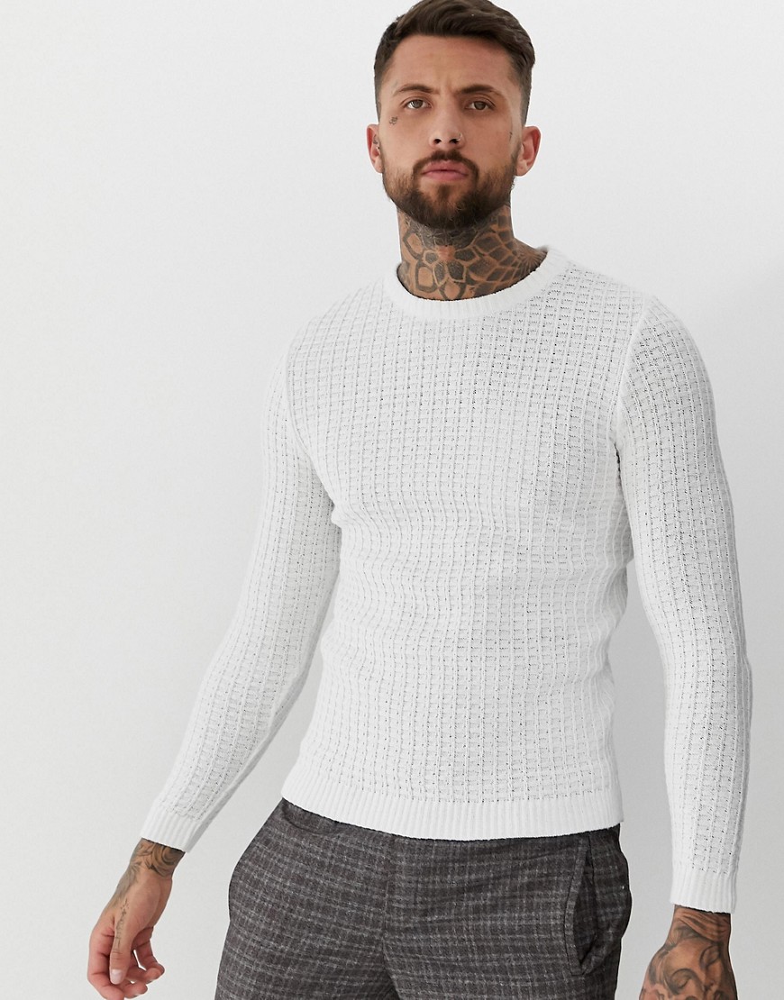 ASOS DESIGN muscle fit waffle textured jumper in white