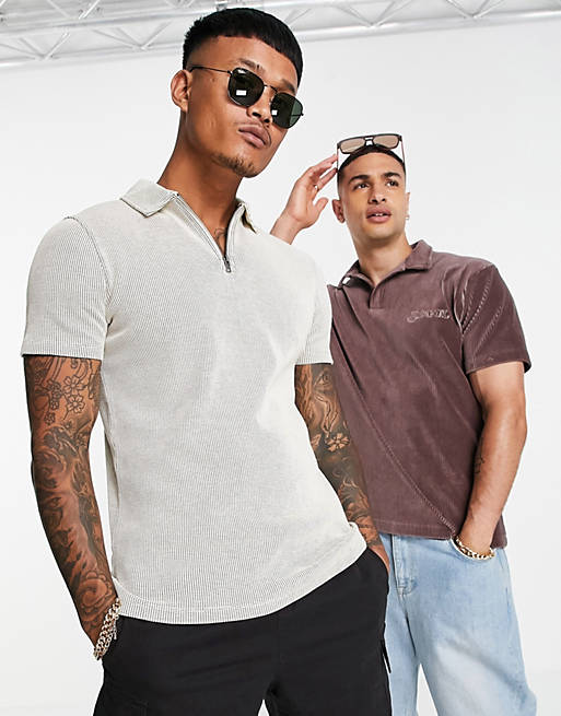 ASOS DESIGN muscle fit waffle zip polo in beige