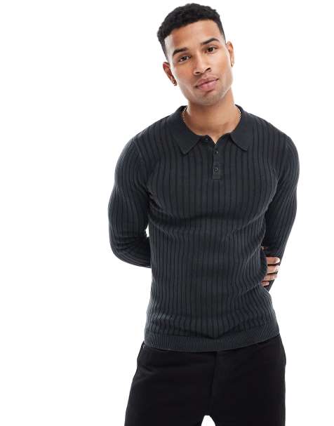 ASOS DESIGN muscle fit washed knitted polo in black rib - view 1