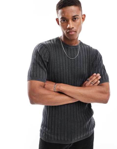 ASOS DESIGN muscle fit washed knitted t-shirt in black rib - view 1