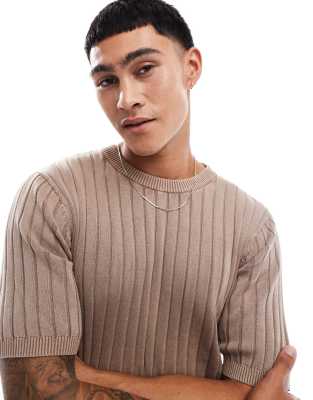 Asos Design Muscle Fit Washed Knitted T-shirt In Brown