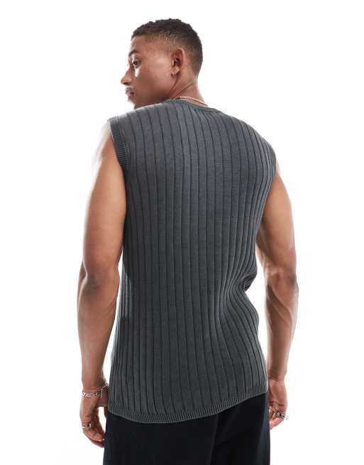 ASOS DESIGN muscle fit washed knitted tank top in charcoal rib ASOS