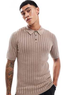 ASOS DESIGN muscle fit washed knitted wide rib polo in brown-Neutral