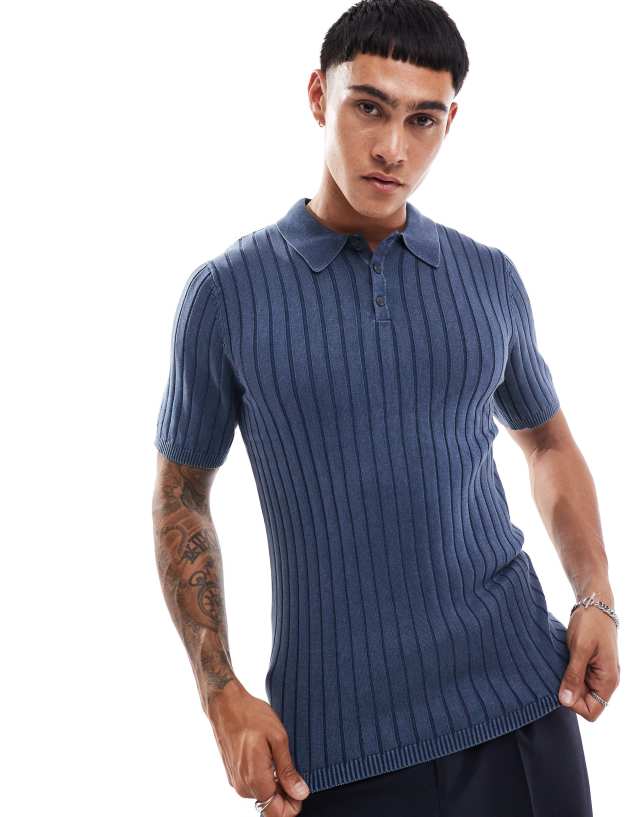 ASOS DESIGN - muscle fit washed knitted wide rib polo in navy