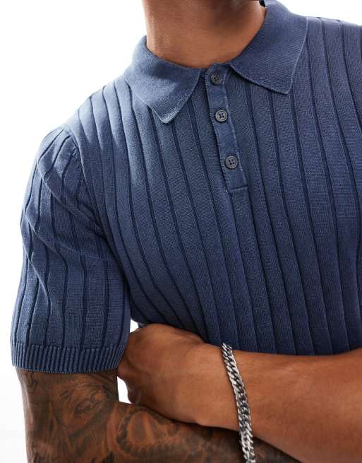 ASOS DESIGN muscle fit washed knitted wide rib polo in navy | ASOS