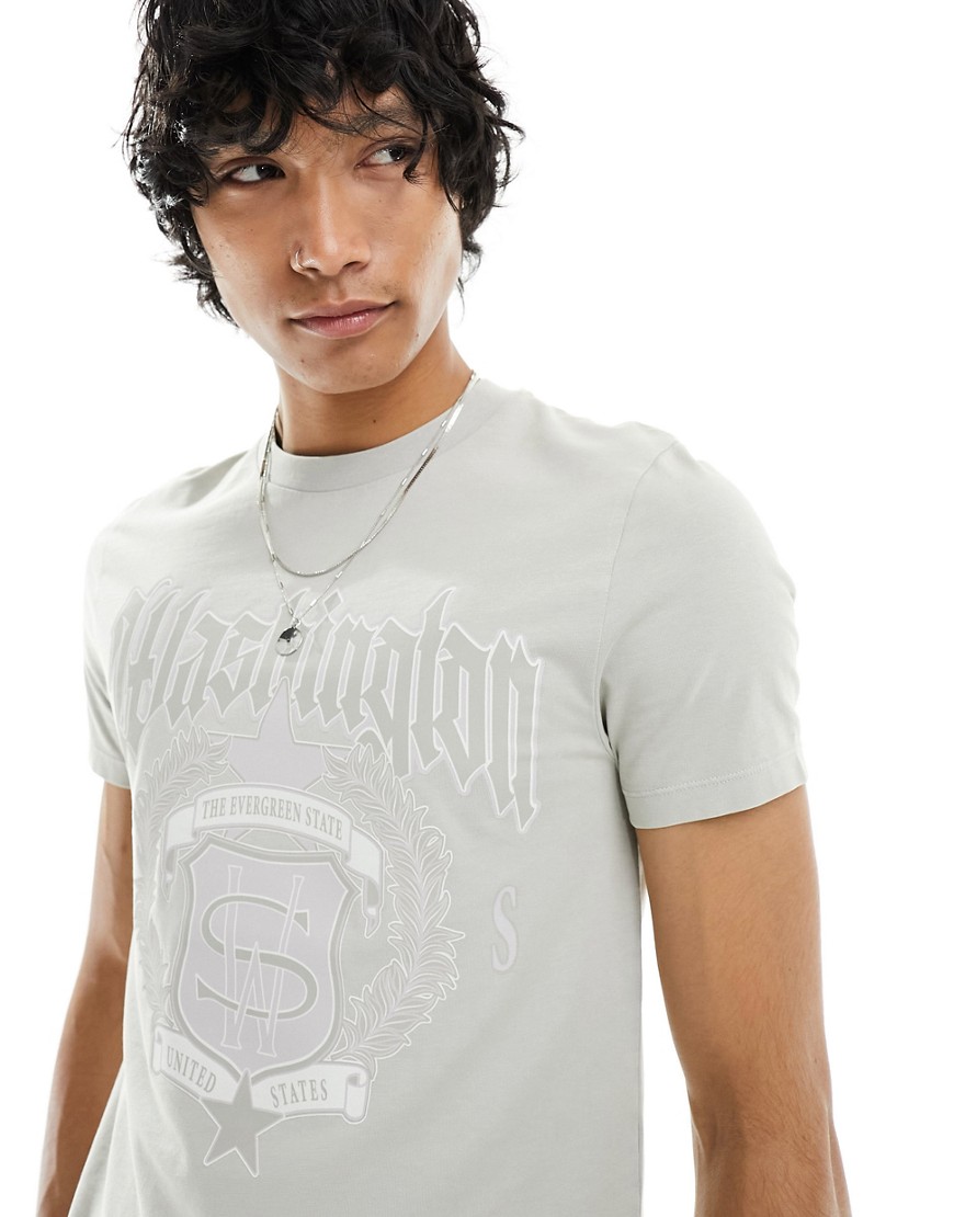 ASOS DESIGN muscle fit washed t-shirt with front Washington print-Grey