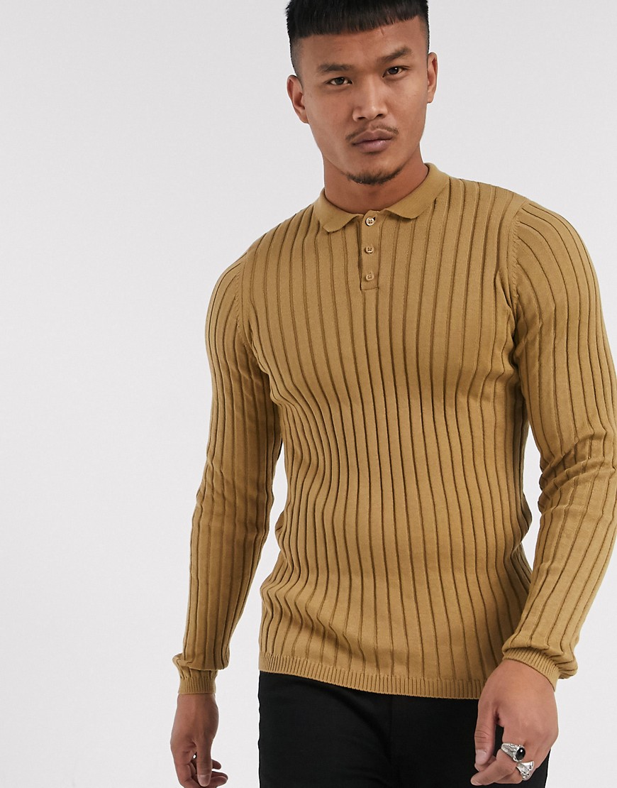 ASOS DESIGN muscle fit wide rib polo neck jumper in tan