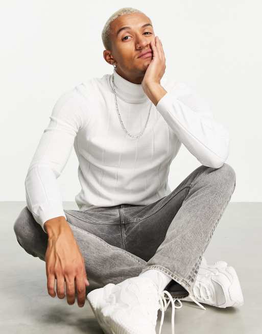 ASOS DESIGN muscle fit wide rib roll neck jumper in white