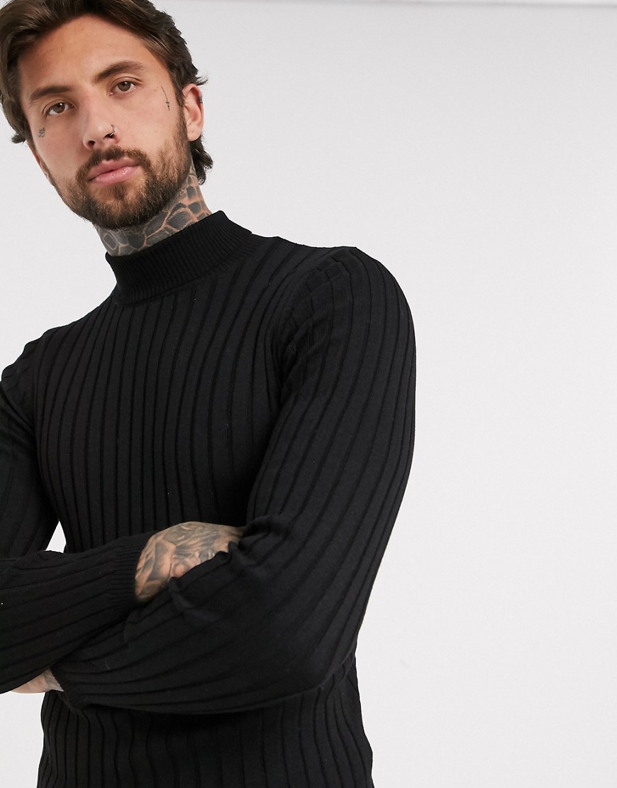 ASOS DESIGN muscle fit wide rib roll neck sweater in black