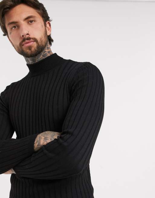 Asos design muscle fit ribbed roll neck jumper outlet in black