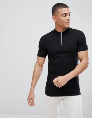 ASOS DESIGN muscle fit zip neck turtleneck t-shirt in black | ASOS