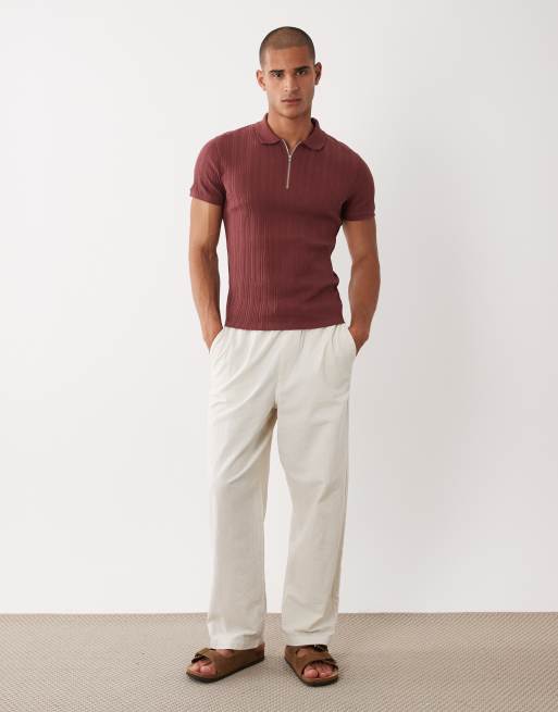 ASOS DESIGN muscle fit zip polo in burgundy rib, 2 of 5