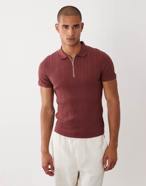 ASOS DESIGN muscle fit zip polo in burgundy rib, 3 of 5