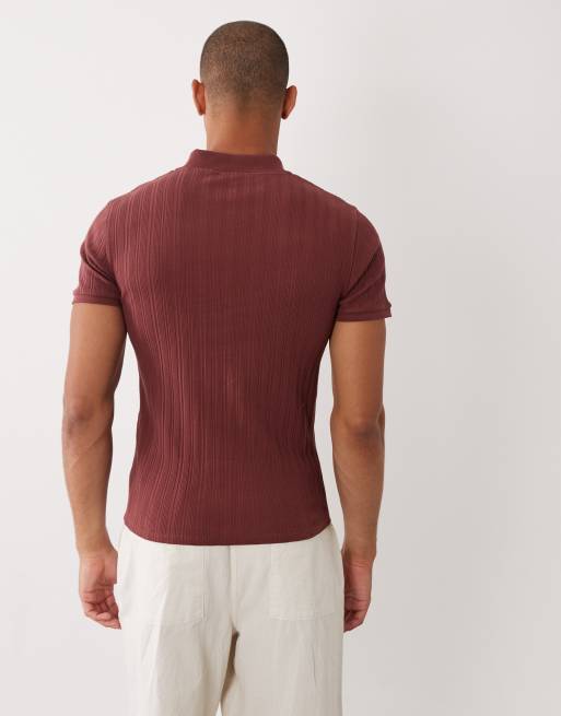 ASOS DESIGN muscle fit zip polo in burgundy rib, 5 of 5