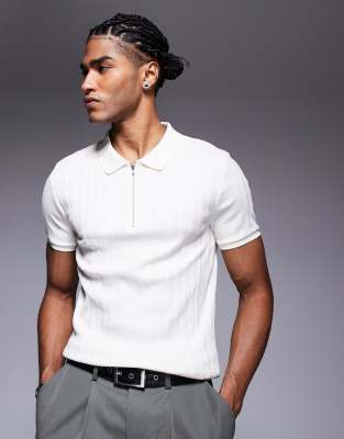 ASOS DESIGN muscle fit zip polo shirt in cream textured rib-White