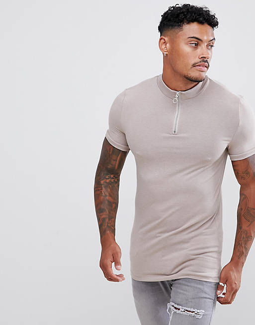 ASOS DESIGN muscle fit zip turtle neck t-shirt with stretch in beige | ASOS