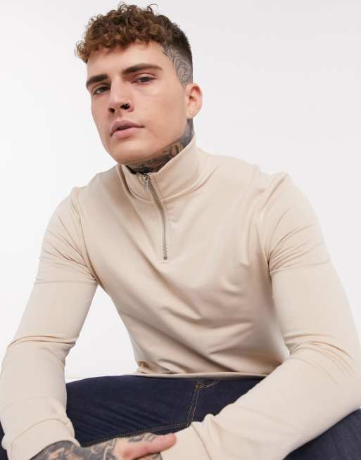 ASOS DESIGN muscle half zip sweatshirt in beige ASOS