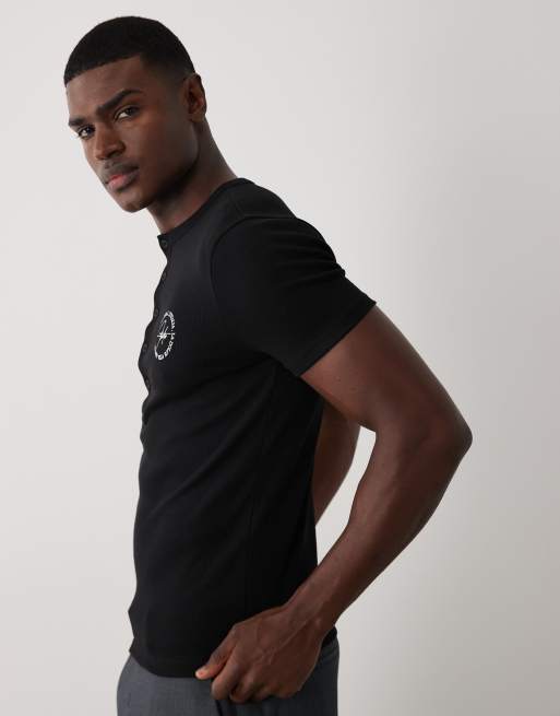 ASOS DESIGN muscle henley ribbed T-shirt with chest graphic in black, 2 of 5