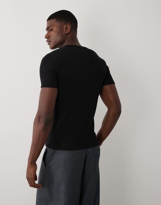 ASOS DESIGN muscle henley ribbed T-shirt with chest graphic in black, 5 of 5