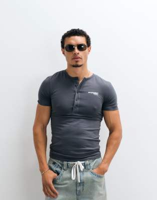 Asos Design Muscle Henley T-shirt With Chest Graphic In Gray