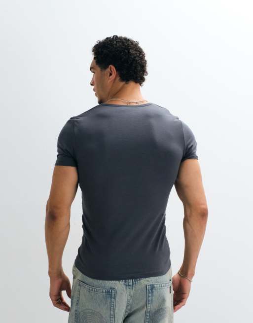 ASOS DESIGN muscle henley t-shirt with chest graphic in grey, 4 of 5
