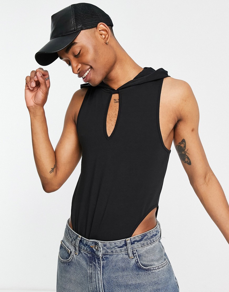 ASOS DESIGN muscle hooded leotard with multi cut outs in black