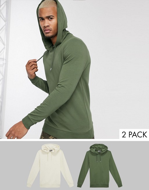 ASOS DESIGN muscle hoodie 2 pack in beige / khaki