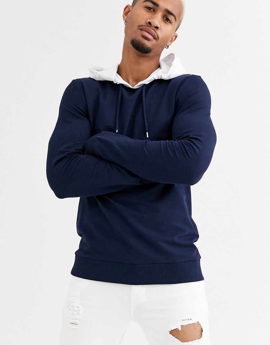 ASOS DESIGN muscle hoodie in navy with white hood