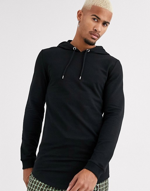 ASOS DESIGN muscle hoodie with curved hem in black