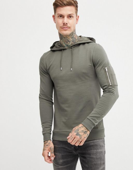 ASOS DESIGN muscle hoodie with MA1 pocket in khaki | ASOS