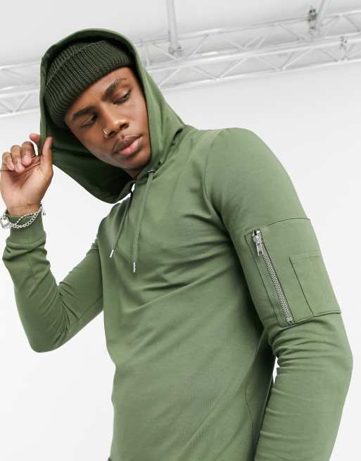 ASOS DESIGN muscle hoodie with MA1 pocket in khaki