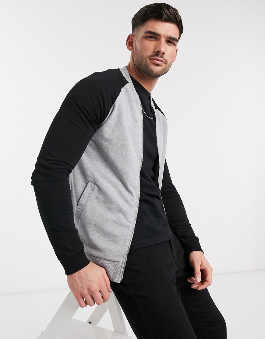 ASOS DESIGN muscle jersey bomber jacket in grey marl with black raglan sleeves