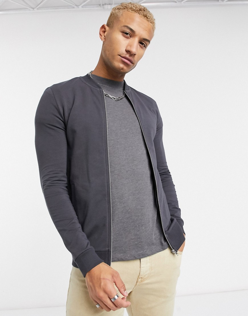 Asos Design Muscle Jersey Bomber Jacket In Washed Black-gray