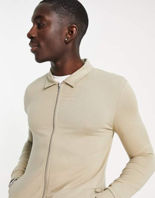 ASOS DESIGN muscle jersey harrington jacket in beige