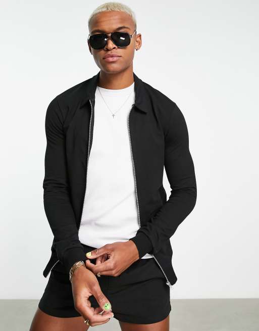 ASOS DESIGN muscle jersey harrington jacket in black