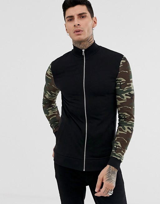ASOS DESIGN muscle jersey jacket in black with camo sleeves | ASOS