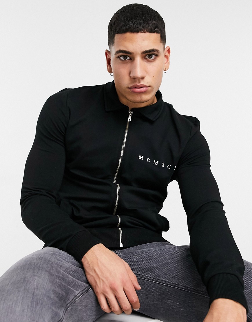 ASOS DESIGN muscle jersey jacket with small chest print in black