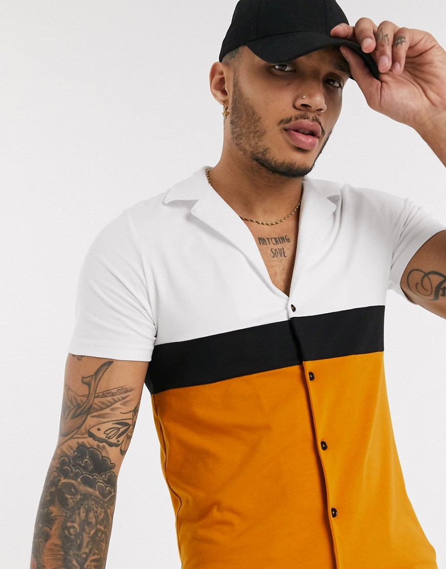 ASOS DESIGN muscle jersey shirt with stretch in tan-Yellow