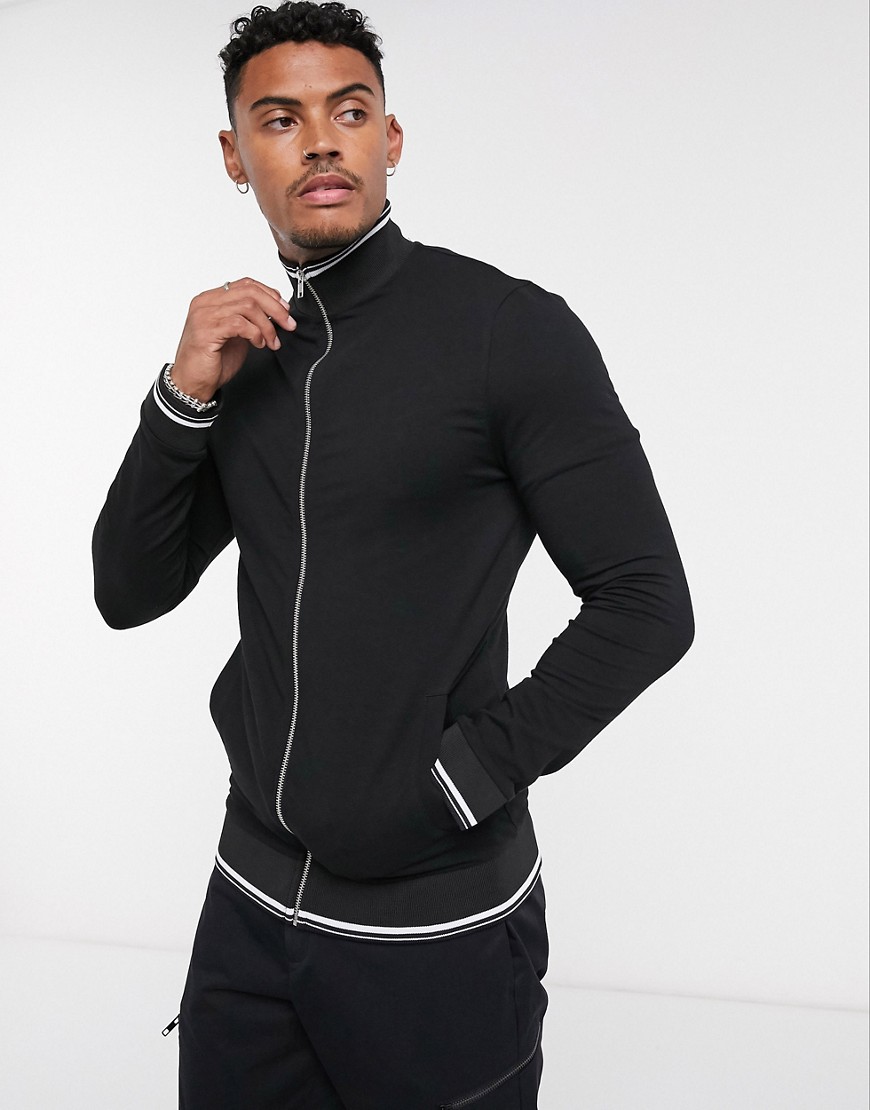 ASOS DESIGN muscle jersey track jacket in black with striped rib