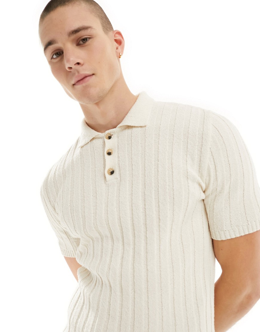 Asos Design Muscle Knit Polo Textured Ribbed T-shirt In Stone-neutral