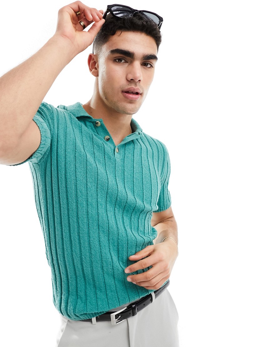 Asos Design Muscle Knit Textured Ribbed Polo In Teal-green