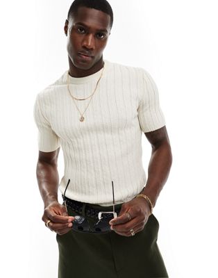 ASOS DESIGN muscle knitted crew neck slubby rib t-shirt in stone