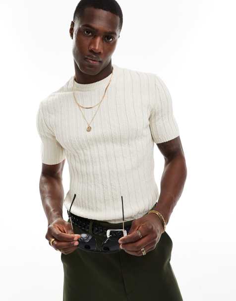 ASOS DESIGN muscle knitted crew neck slubby rib t-shirt in stone - view 1