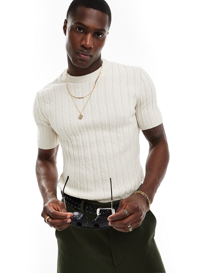 ASOS DESIGN muscle knitted crew neck slubby rib t-shirt in stone-Neutral