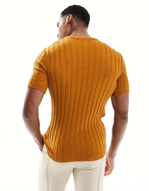 ASOS DESIGN muscle knitted crew neck textured rib t-shirt in orange, 2 of 4