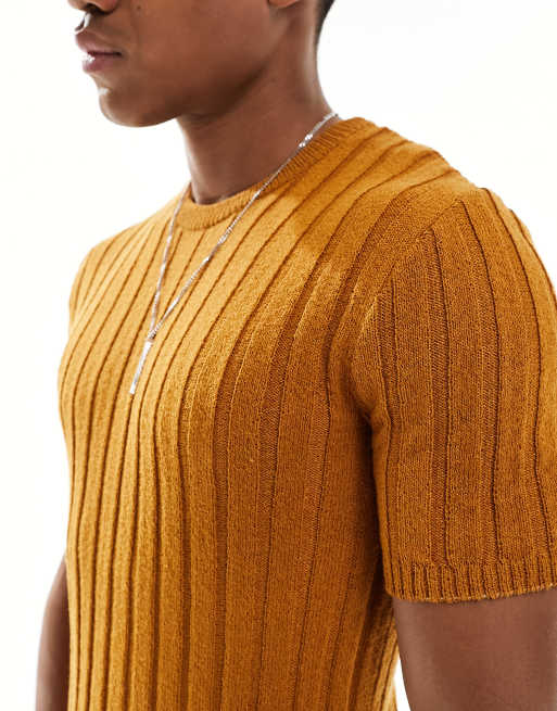 ASOS DESIGN muscle knitted crew neck textured rib t-shirt in orange, 3 of 4