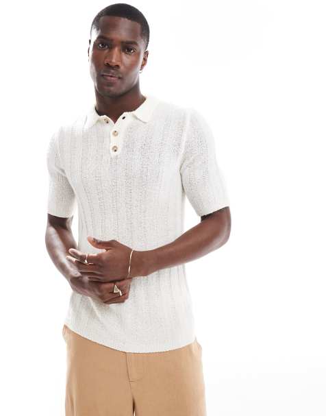 ASOS DESIGN muscle knitted polo t-shirt in slubby rib in stone - view 1
