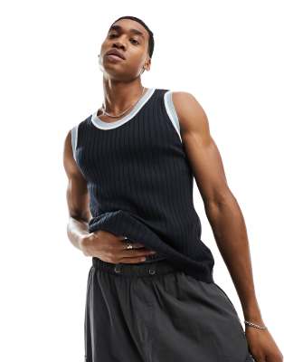 ASOS DESIGN muscle knitted rib singlet with contrast in navy