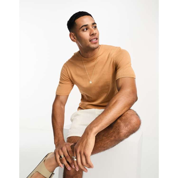 retort præcedens Optimistisk ASOS DESIGN muscle lightweight knit cotton T-shirt in tan | ASOS