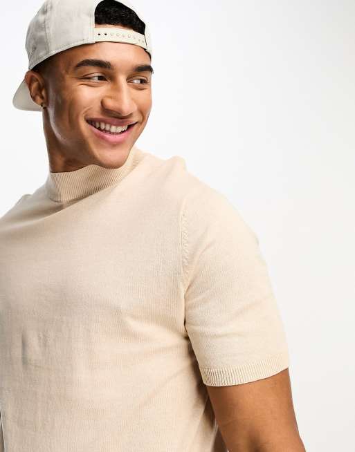 ASOS DESIGN muscle lightweight knit cotton turtleneck T shirt in beige ASOS